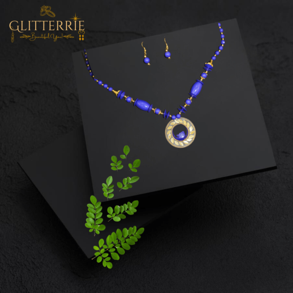 Glitterrie Gold plated Brass, Round shape, Lapis semi precious stone, Fashion necklace set, Tibetan Jewelry Women