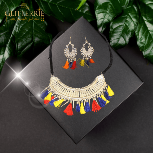 Glitterrie Women Oxidised Earring & Necklace Set | Multicolor | Multi thread | Girls & Women