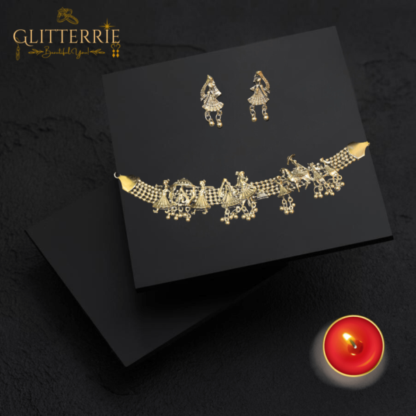 Glitterrie Beautiful Silver Choker Necklace Set with Wedding Scene Design for Women & Girls