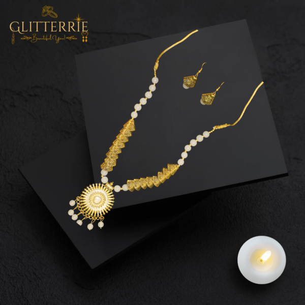 Glitterrie Oxidised Gold Moti Samosa Golden Round Sun Design Necklace set for girls or women