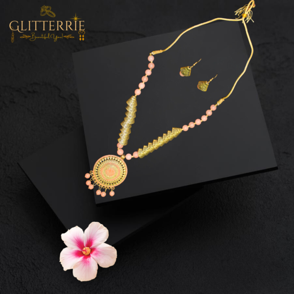Glitterrie Oxidized Gold Pink Moti Samosa Golden Round Sun Design Necklace set for girls or women