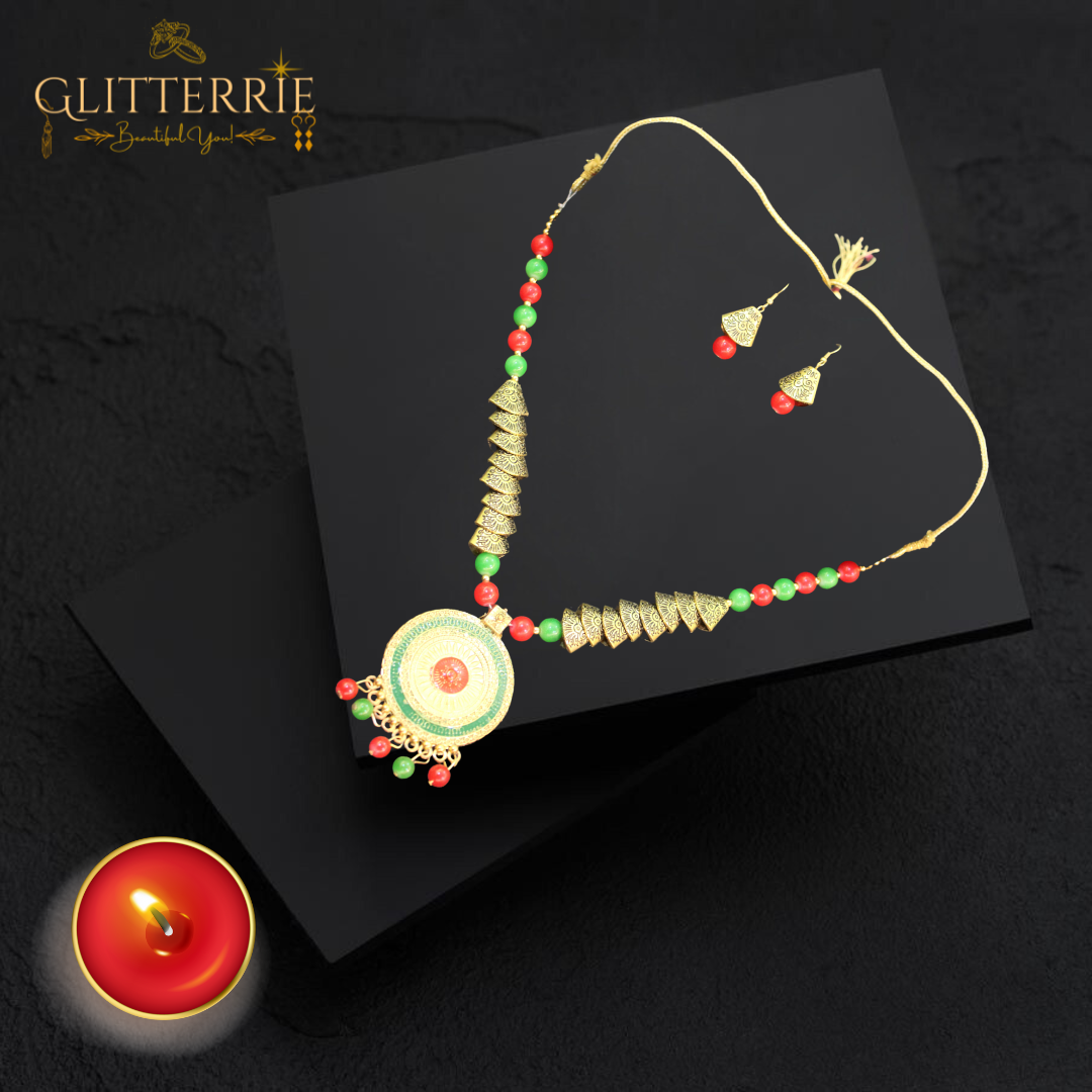 Oxidized Green Maroon Mot Samosa Necklace with Earrings