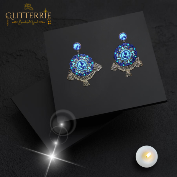 Glitterrie Handmade Long Beads Earrings with Jhumka for Women and Girls - Blue Colour