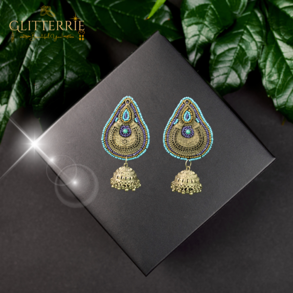Glitterrie Beatal leaf shape Oxidised Silver Jhumka With Beads Work Earrings for Women & Girls (Blue Colour)