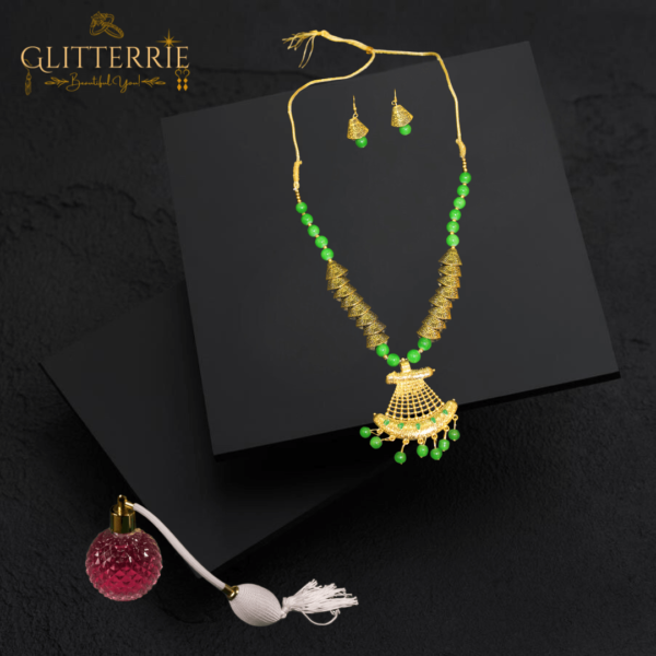 Glitterrie Oxidized Gold Green Moti Samosa Golden Round Sun Design Necklace set for girls or women