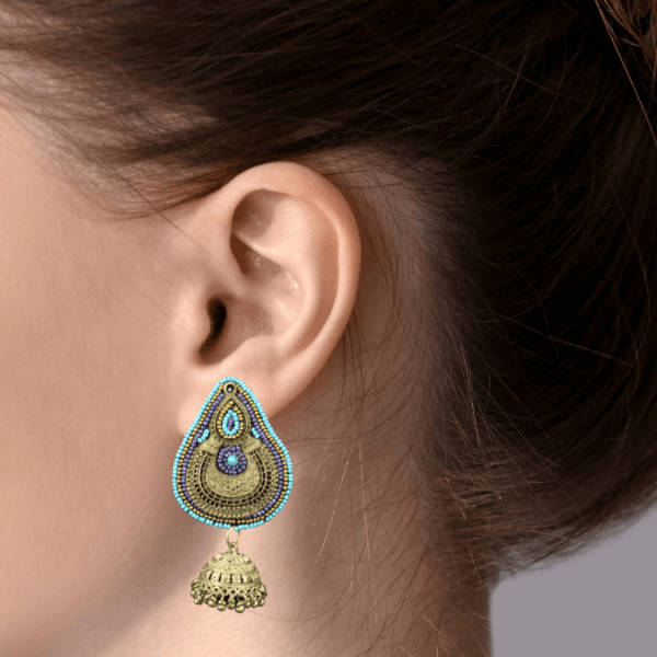 Glitterrie Beatal leaf shape Oxidised Silver Jhumka With Beads Work Earrings for Women & Girls (Blue Colour)