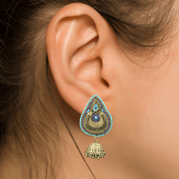 Glitterrie Beatal leaf shape Oxidised Silver Jhumka With Beads Work Earrings for Women & Girls (Blue Colour)