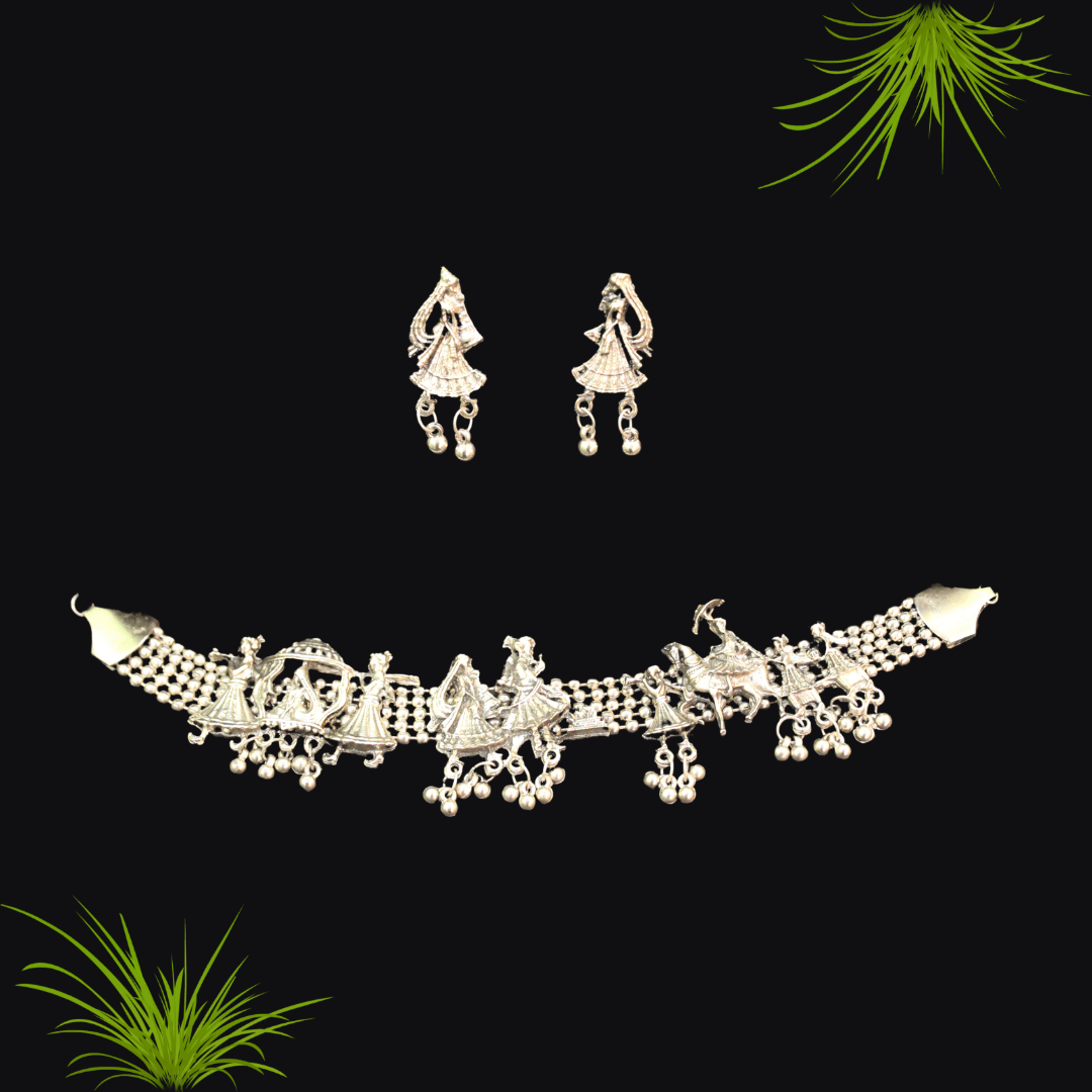 Silver Wedding Scene Choker Necklace with Earrings