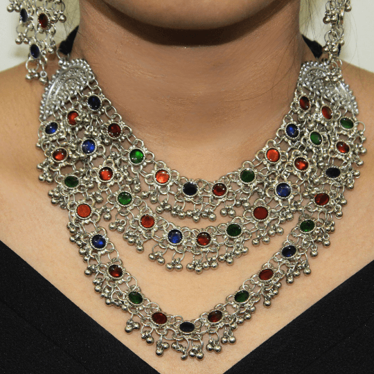 Meenakari Black Metal Oxidized Choker Necklace with Earrings