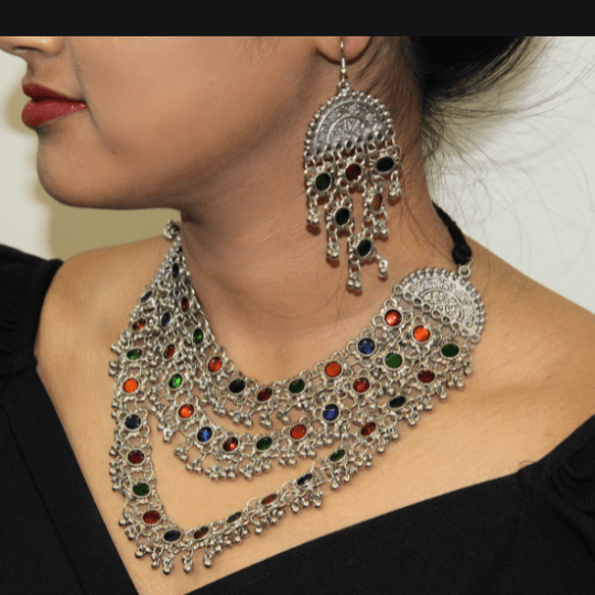 Glitterrie Latest Boho Trible Meenakari Black Metal Oxidized Choker Necklace Jewelry Set Women for Girls