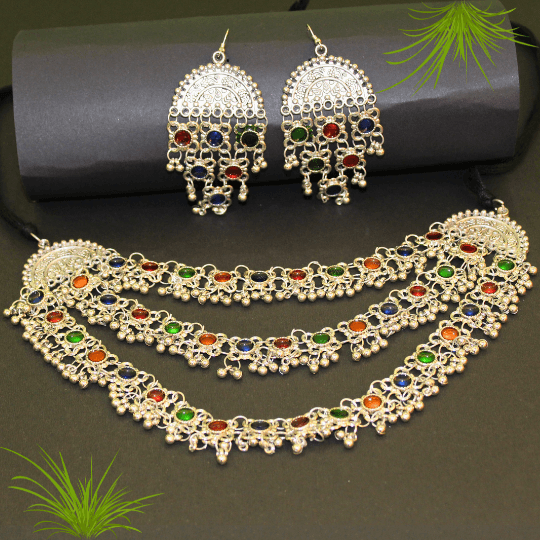 Glitterrie Latest Boho Trible Meenakari Black Metal Oxidized Choker Necklace Jewelry Set Women for Girls