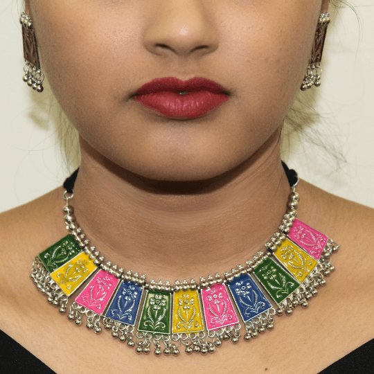 Multicolor Afghani Silver Alloy Necklace with Earrings