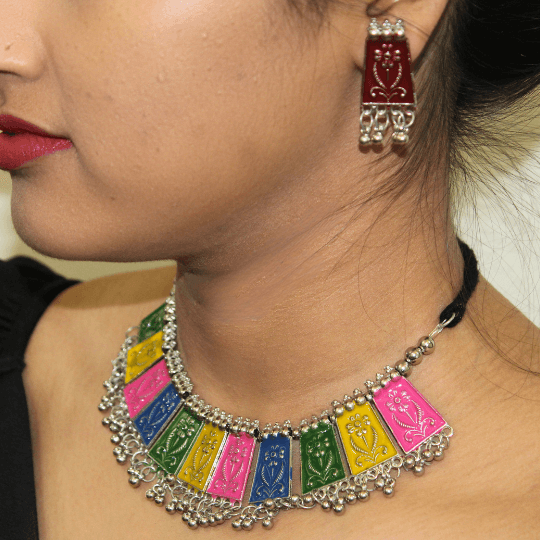 Glitterrie Multicolor Trending Afgani Silver Alloy Necklace set with Earrings For Women And Girls