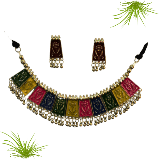 Glitterrie Multicolor Trending Afgani Silver Alloy Necklace set with Earrings For Women And Girls
