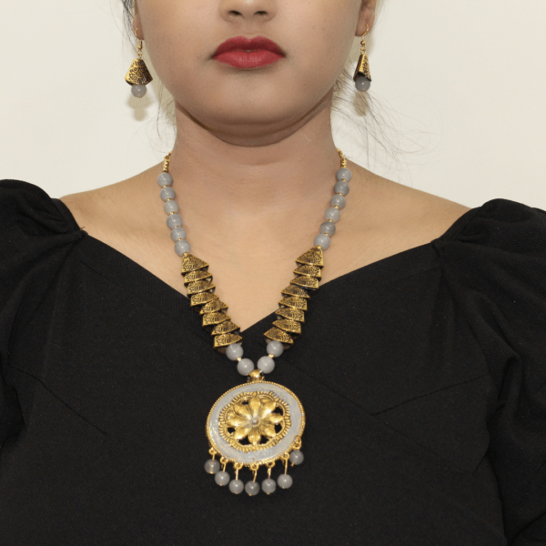Oxidized Gold Grey Moti Samosa Necklace