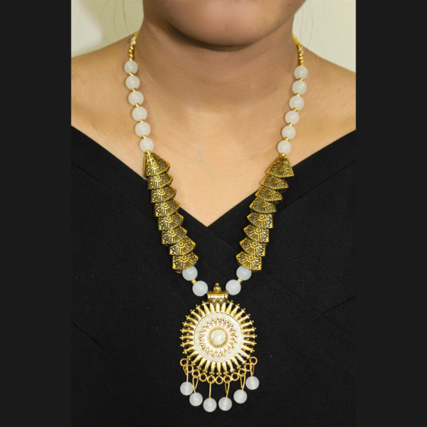 Oxidized Gold White Moti Samosa Necklace