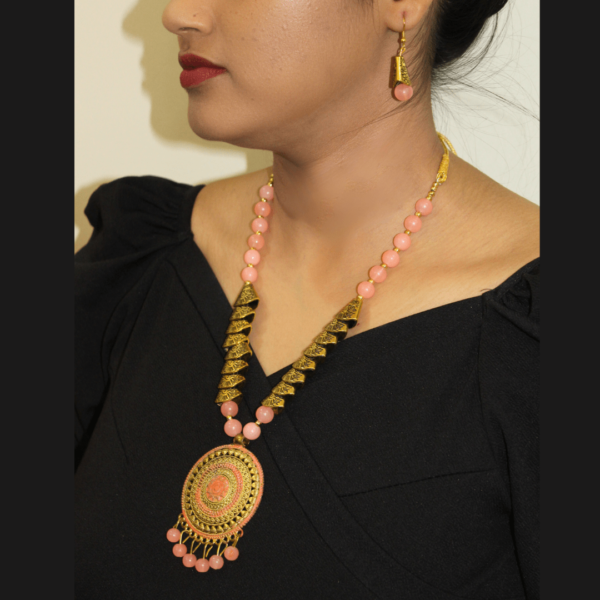 Glitterrie Oxidized Gold Pink Moti Samosa Golden Round Sun Design Necklace set for girls or women