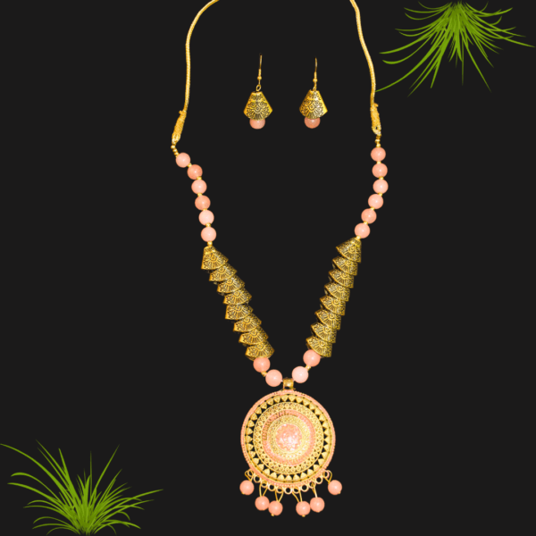 Glitterrie Oxidized Gold Pink Moti Samosa Golden Round Sun Design Necklace set for girls or women
