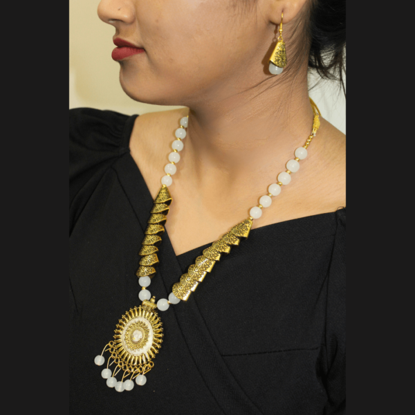 Glitterrie Oxidised Gold Moti Samosa Golden Round Sun Design Necklace set for girls or women