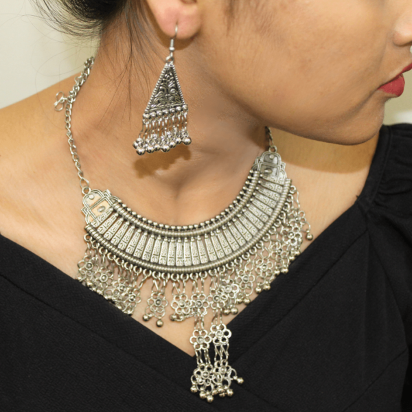 Glitterrie Oxidized Antique Necklace with Ear Rings - For Girls & Women - Part, Casual Wear