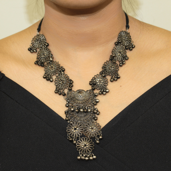 Oxidised Silver Plated Black Floral Necklace