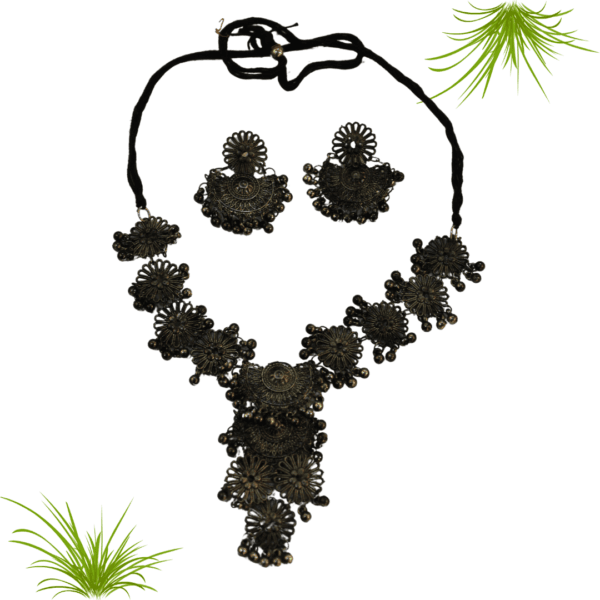 Glitterrie Trendy Oxidised Silver Plated Floral Shaped Collar Bone Necklace Set And Earring | Jewelry Set For Women