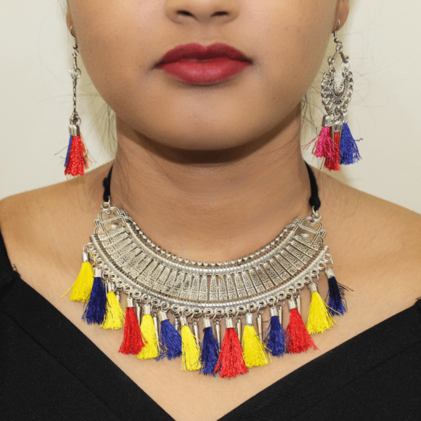 Oxidised Multi-thread Multicolor Necklace with Earrings