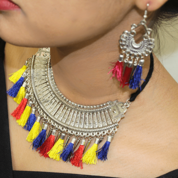 Glitterrie Women Oxidised Earring & Necklace Set | Multicolor | Multi thread | Girls & Women
