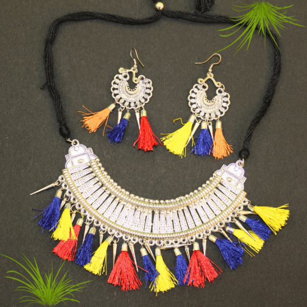 Glitterrie Women Oxidised Earring & Necklace Set | Multicolor | Multi thread | Girls & Women