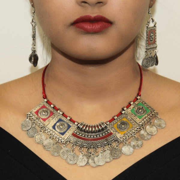 Multicolor Oxidized Choker Necklace with earrings