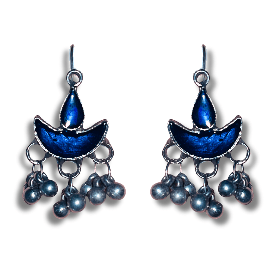 Oxidized Crafted Blue Diya Earrings - Glitterrie