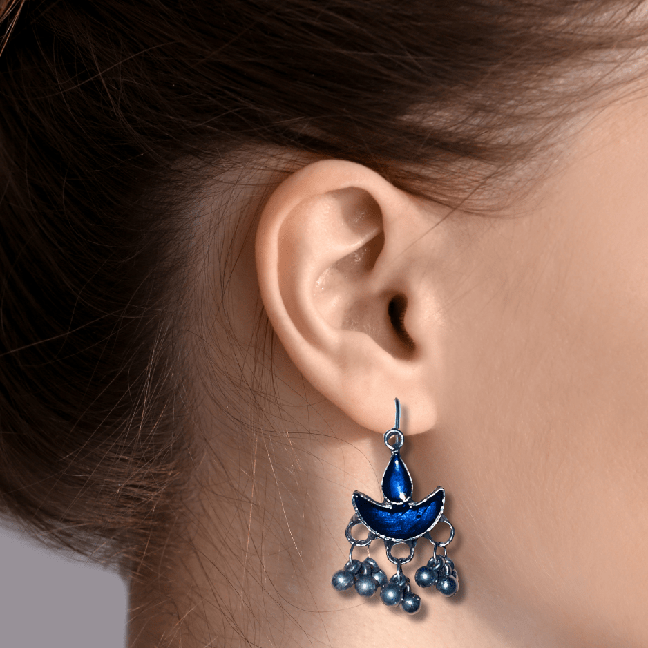 Oxidized Crafted Blue Diya Earrings - Glitterrie