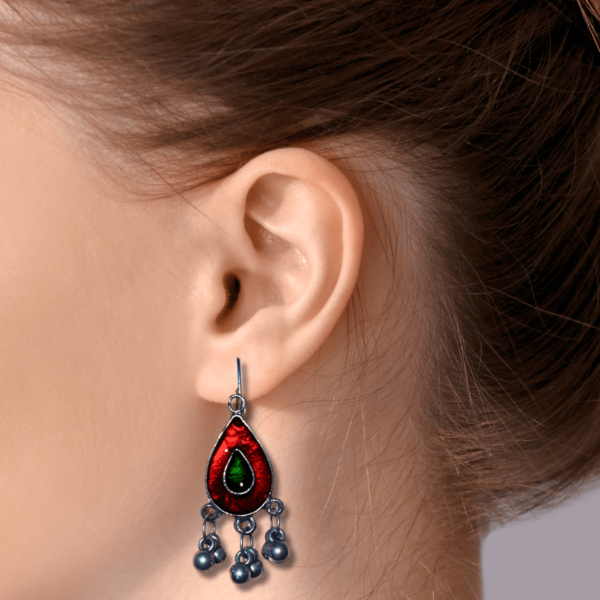 Oxidized Stylish Jhumki - Daily Earring Fashion Jewelry Gift for Women & Girls - Red Green
