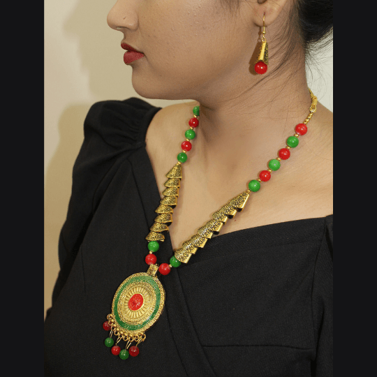Glitterrie Oxidized Green Maroon Moti Round With dotes Necklace set for girls or women