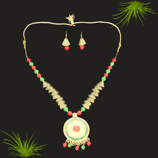 Glitterrie Oxidized Green Maroon Moti Round With dotes Necklace set for girls or women