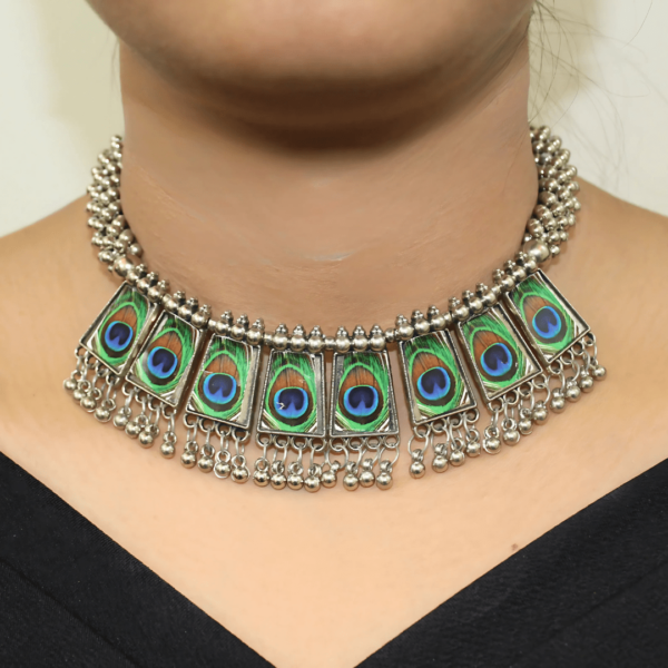 Peacock Feather Motif Garba Necklace with Earrings