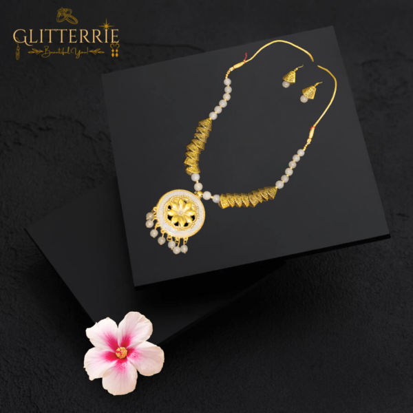 Glitterrie Oxidized Gold Grey Moti Samosa Golden Round Sun Design Necklace set for girls or women