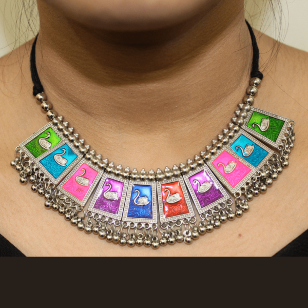 Glitterrie Multicolor Trending Afgani Multicolor Silver Alloy Necklace set with Earrings For Women And Girls