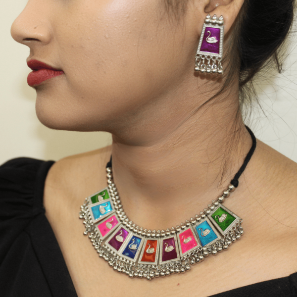 Glitterrie Multicolor Trending Afgani Multicolor Silver Alloy Necklace set with Earrings For Women And Girls
