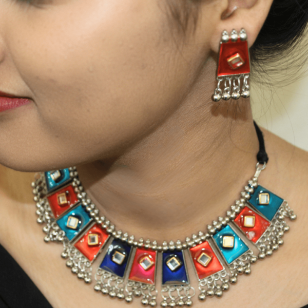 Glitterrie Multicoloured Meenakari Silver Choker - Necklace for Women and Girls