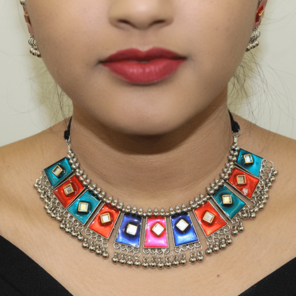Meenakari silver choker necklace with earrings