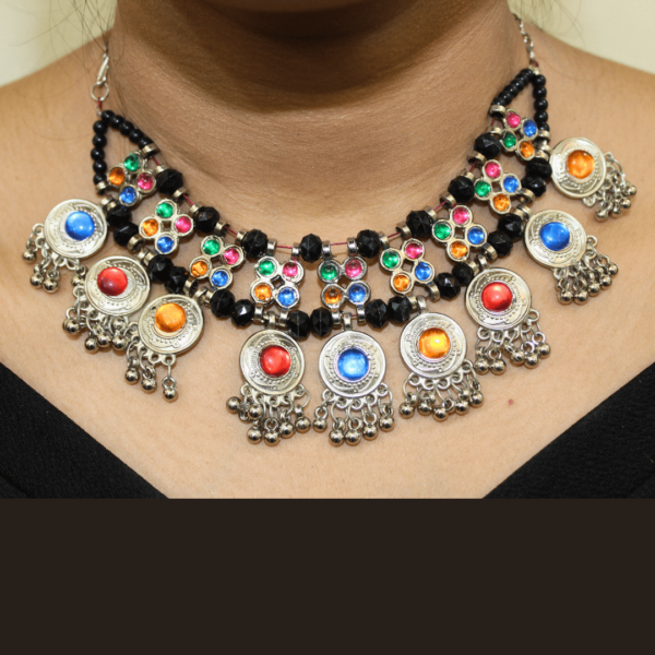 Glitterrie Oxidised Brass Finish Multi Beaded Statement Choker Necklace For Women