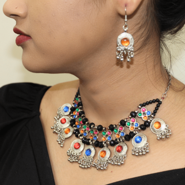 Glitterrie Oxidised Brass Finish Multi Beaded Statement Choker Necklace For Women