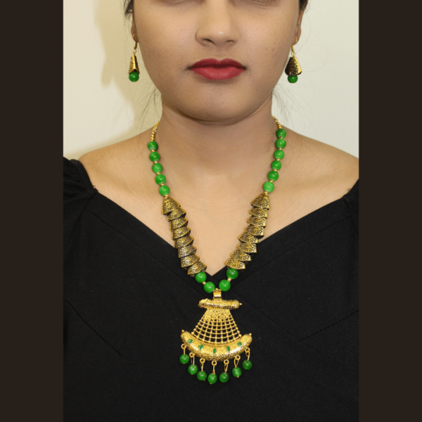 Oxidized Gold Green Moti Samosa Necklace