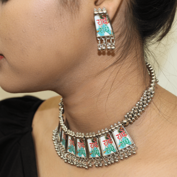 Women Oxidised Radhe Radhe Earring & Necklace Set, Elegant Black Oxidized Meenakari Necklace Set – Artisan Jewelry with Striking Color Contrast