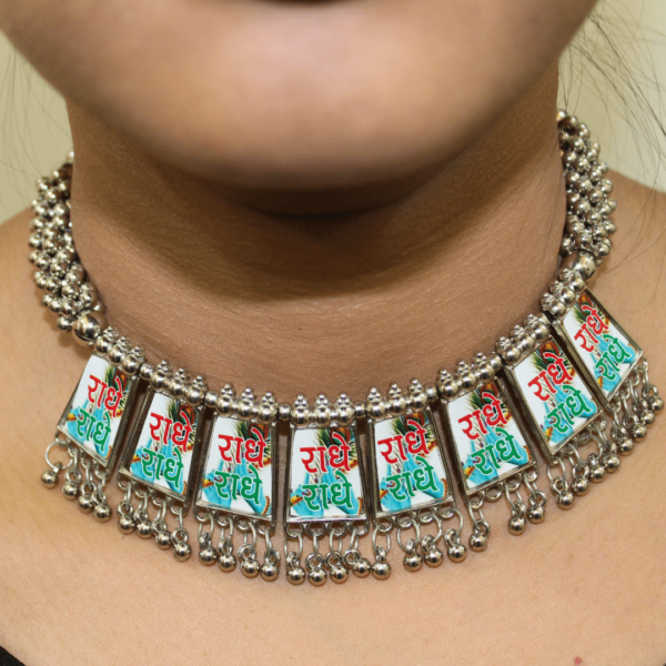Women Oxidised Radhe Radhe Earring & Necklace Set, Elegant Black Oxidized Meenakari Necklace Set – Artisan Jewelry with Striking Color Contrast