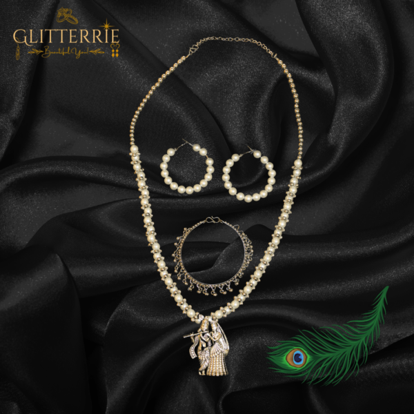 Glitterrie Two Krishna Necklace Set Combo of Radha Krishna Temple Jewellery Set and Kundan Flute Chain Pendant For Girl and Women, with Fancy Earrings