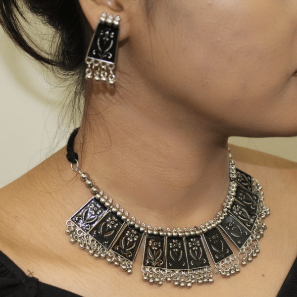 Women Oxidised Earring & Necklace Set - Black, Elegant Black Oxidized Meenakari Necklace Set – Artisan Jewelry with Striking Color Contrast