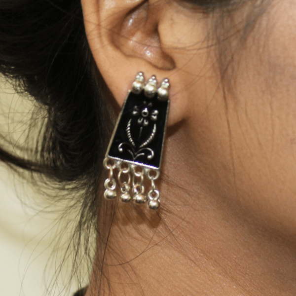 Women Oxidised Earring & Necklace Set - Black, Elegant Black Oxidized Meenakari Necklace Set – Artisan Jewelry with Striking Color Contrast