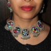 Glitterrie Latest Stylish Multicoloured Floral Statement Necklace and Earring Set, Oxidised Silver Finish, Traditional Design for Girls & Women
